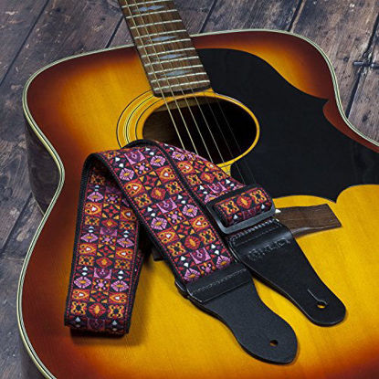 Picture of KLIQ Vintage Woven Guitar Strap for Acoustic and Electric Guitars | '60s Jacquard Weave Hootenanny Style | 2 Rubber Strap Locks Included, Woodstock Red
