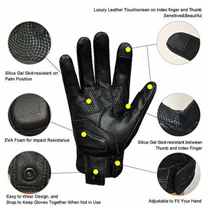 Picture of Updated Black Leather Motorcycle Gloves Hard Knuckle Armored Touchscreen Motorcycle Riding Gloves (Updated,Non-Perforated, M)