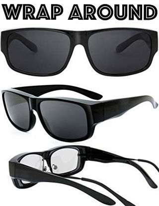 Picture of The Fresh High Definition Polarized Wrap Around Shield Sunglasses for Prescription Glasses 66mm Gift Box (402-Shiny Black, Grey)