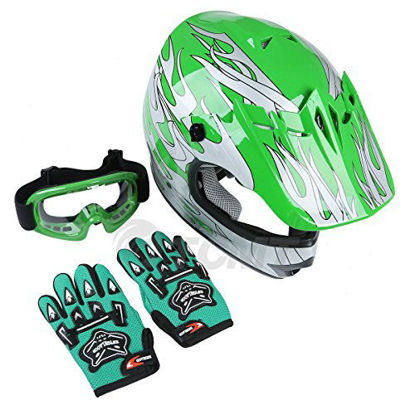 Picture of TCMT Dot Youth & Kids Motocross Offroad Street Helmet Green Flame Motorcycle Youth Helmet Dirt Bike Motocross ATV Helmet+Goggles+Gloves XL