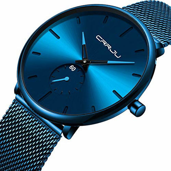 Picture of Mens Watches Ultra-thin Minimalist Waterproof-Fashion Wrist Watch for Men Unisex Dress with Stainless Steel Mesh Band-Blue HandsBlue Band Blue Face
