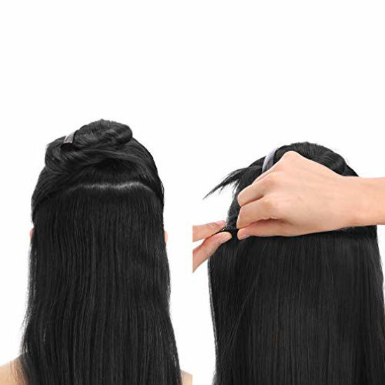 Picture of REECHO 20" 1-Pack 3/4 Full Head Wavy Clips in on Synthetic Hair Extensions Hairpieces for Women 5 Clips 4.6 Oz per Piece (24 Inch, Black Brown-Straight)
