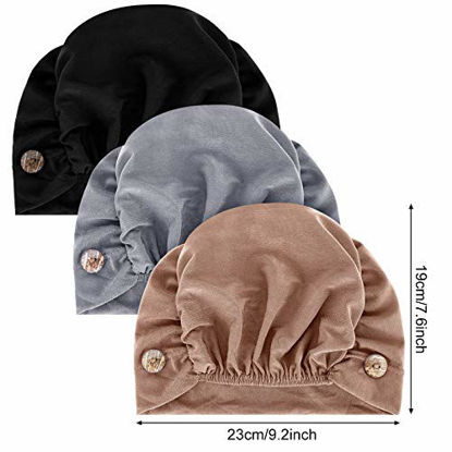 Picture of 3 Pieces Bouffant Caps with Buttons Unisex Stretchy Headband Turban with Ear Loop Holder Buttons for Women (Black, Dark Purple, Grey)
