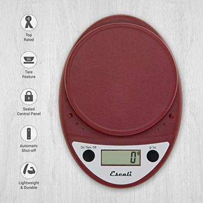 Picture of Escali Primo P115WR Precision Kitchen Food Scale for Baking and Cooking, Lightweight and Durable Design, LCD Digital Display, Warm Red
