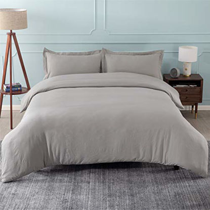 Picture of Bedsure Duvet Cover Queen Size Set Grey with Zipper Closure, Ultra Soft Hypoallergenic 3 Pieces Washed Comforter Cover Sets (1 Duvet Cover + 2 Pillow Shams), 90x90 inches