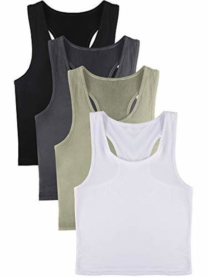 Picture of 4 Pieces Basic Crop Tank Tops Sleeveless Racerback Crop Sport Cotton Top for Women (Black, White, Grey, Olive Green, Medium)