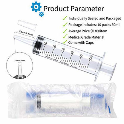 Picture of 10 Pack 60ml/cc Plastic Syringe Liquid Measuring Syringe Tools Individually Sealed with Measurement for Scientific Labs, Measuring Liquids, Feeding Pets, Medical Student, Oil or Glue Applicator (60ML)