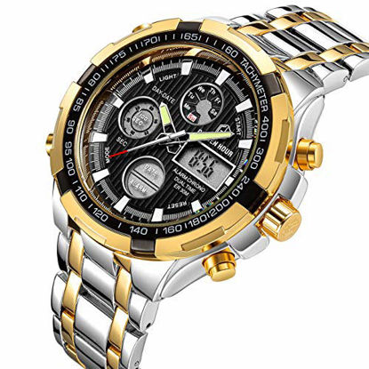 Picture of GOLDEN HOUR Luxury Stainless Steel Analog Digital Watches for Men Male Outdoor Sport Waterproof Big Heavy Wristwatch (Silver Gold Black)