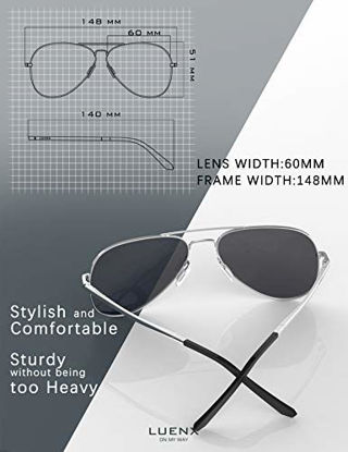 Picture of LUENX Women Men Aviator Sunglasses Polarized Mirror Silver Lens Metal Silver Frame with case