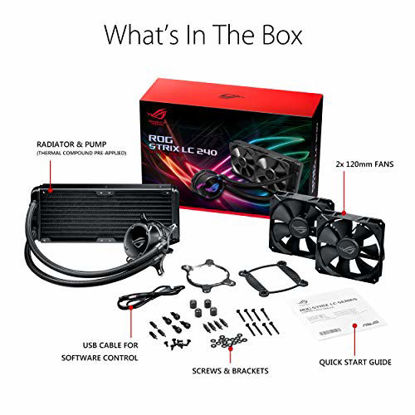 Picture of ASUS ROG Strix LC 240 RGB AIO Liquid CPU Cooler 240mm Radiator, Dual 120mm 4-Pin PWM Fans with Fanxpert Controls, Support for Intel and AMD Motherboards