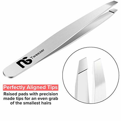 Picture of Slant Tweezers - Professional Tweezers for Eyebrows, Stainless Steel Brow Plucking Tweezer and Best Precision Hair Plucker for Expert Personal Care, Natural Silver Color