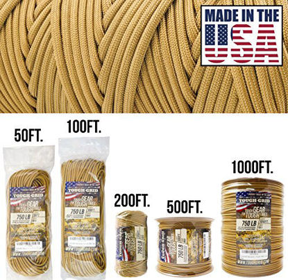 Picture of TOUGH-GRID 750lb Gold Paracord/Parachute Cord - Genuine Mil Spec Type IV 750lb Paracord Used by The US Military (MIl-C-5040-H) - 100% Nylon - 50Ft. - Gold