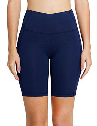 Picture of BALEAF Women's 8" High Waist Biker Workout Yoga Running Compression Exercise Shorts Side Pockets Navy Blue Size XXXL