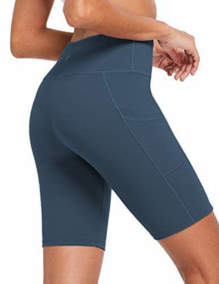 Picture of BALEAF Women's 8" Buttery Soft Biker Yoga Shorts High Waisted Workout Compression Pocketed Shorts Blue Size M