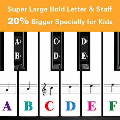 Picture of Piano Keys Stickers for 88/61/54/49/37 Key. Large Bold Colorful Letter Piano Stickers Perfect for kids Learning. Multi-Color,Transparent,Removable