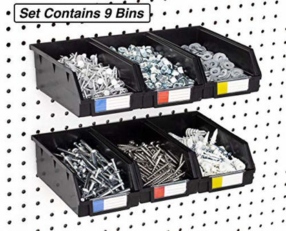 Picture of Pegboard Bins - 9 Pack Black Extra Large - Hooks to Any Peg Board - Organize Hardware, Accessories, Attachments, Workbench, Garage Storage, Craft Room, Tool Shed, Hobby Supplies, Small Parts