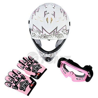 Picture of TCMT Dot Youth & Kids Motocross Offroad Street Helmet Pink Butterfly Motorcycle Youth Helmet Dirt Bike Motocross ATV Helmet+Goggles+Gloves (XL, Pink)
