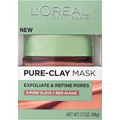Picture of Clay Facial Mask, L'Oreal Paris Skincare Pure Clay Face Mask with Red Algae for Clogged Pores to Exfoliate And Refine Pores, Charcoal Face Wash, Exfoliating Cleanser, at home face mask, 1.7 oz.
