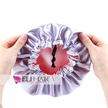 Picture of ELIHAIR Kids Satin Bonnet Sleeping Cap for Natural Hair Teens Toddler Child Baby Adjustable Satin Cap for Night Sleeping Reversible Double Layer Pink/Purple
