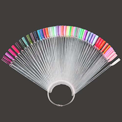 Picture of JASSINS 100 Pcs Clear Fan-shaped False Nail Swatch Sticks Nail Polish Practice Display Art Tips Nail Sample Sticks With Metal Split Ring