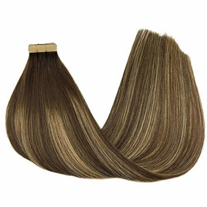 Picture of GOO GOO 14 Inch Tape in Hair Extensions Ombre Chocolate Brown to Honey Blonde 20pcs 50g Remy Hair Extensions Human Hair Balayage Natural Real Hair Extensions for Women