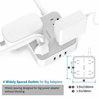 Picture of Power Strip with USB, TESSAN Mountable Flat Plug Extension Cord with 4 Widely Spaced Outlets, 3 USB Charger, 5 FT Power Cord, Compact Size Charging Station for Home, Office, Dorm Essentials, Gray