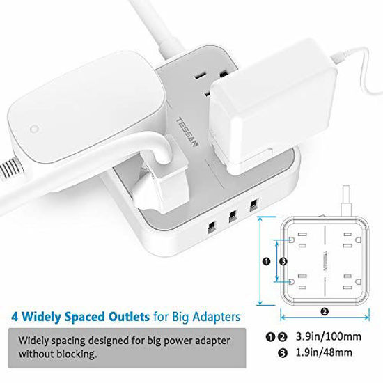 Picture of Power Strip with USB, TESSAN Mountable Flat Plug Extension Cord with 4 Widely Spaced Outlets, 3 USB Charger, 5 FT Power Cord, Compact Size Charging Station for Home, Office, Dorm Essentials, Gray