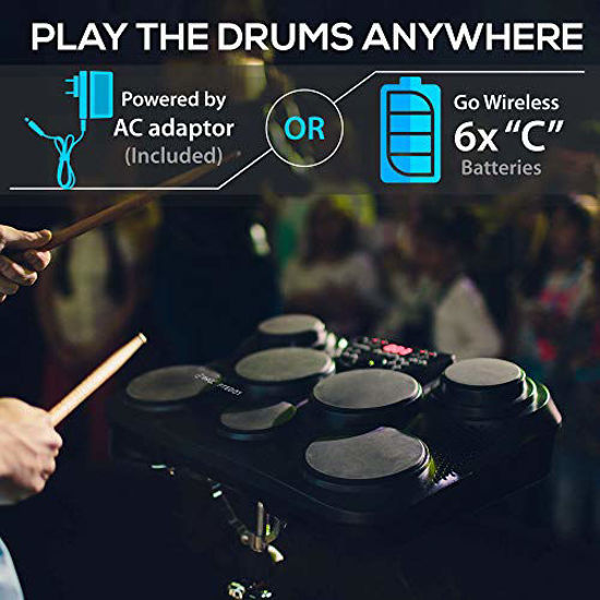 Picture of Pyle Portable Drums, Tabletop Drum Set, 7 Pad Digital Drum Kit, Touch Sensitivity, Wireless Electric Drums, Drum Machine, Electric Drum Pads, LED Display, Mac & PC - PTED01