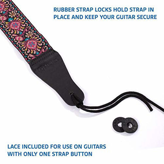 Picture of KLIQ Vintage Woven Guitar Strap for Acoustic and Electric Guitars | '60s Jacquard Weave Hootenanny Style | 2 Rubber Strap Locks Included, Palooza Pink