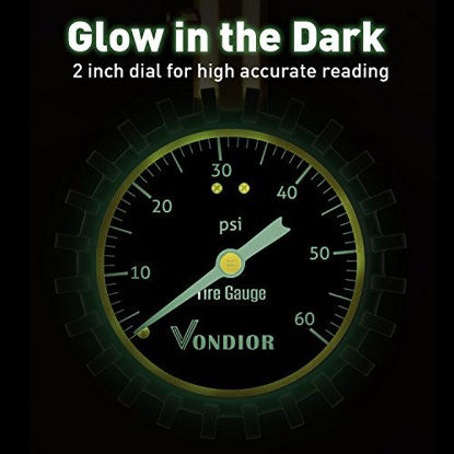 Picture of Tire Pressure Gauge - (0-60 PSI) Heavy Duty, Certified ANSI Accurate with Large 2 Inch Easy to Read Glow Dial, Low - High Air Pressure Gauge. Tire Gauge for Car and Trucks Tires by Vondior