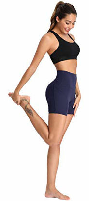 Picture of Oalka Women's Short Yoga Side Pockets High Waist Workout Running Shorts 4" Navy Blue Size L