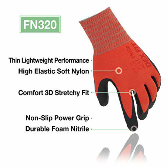 Picture of DEX FIT Gardening Work Gloves FN320, 3D Comfort Stretch Fit, Power Grip, Thin Lightweight, Durable Foam Nitrile Coating, Machine Washable, Red Small 3 Pairs Pack