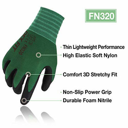 Picture of DEX FIT Gardening Work Gloves FN320, 3D Comfort Stretch Fit, Power Grip, Thin Lightweight, Durable Foam Nitrile Coating, Machine Washable, Forest Green Large 3 Pairs Pack