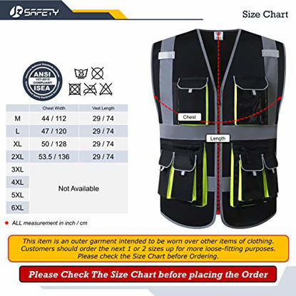 Picture of JKSafety 10 Pockets Black Color Safety Vest Zipper Front with High Reflective Strips Meets ANSI/ISEA Standards (Black, Medium)