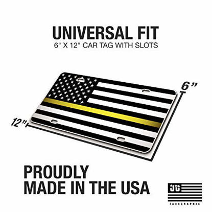 Picture of JASS GRAPHIX Dispatcher Thin Yellow Line American Flag License Plate Matte Black on 1/8" Brushed Aluminum Composite Heavy Duty Tactical Patriot USA Car Tag