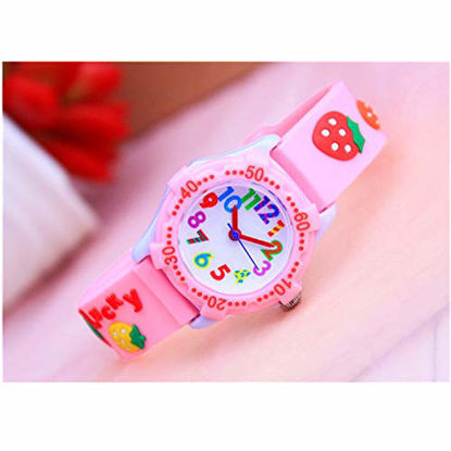 Picture of Eleoption Waterproof Kids Watch for Girls Boys Time Machine Analog Watch Toddlers Watch 3D Cute Cartoon Silicone Wristwatch Time Teacher for Little Kids Boys Girls Birthday Gift (Strawberry Pink)