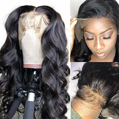 Picture of Ucrown Hair Lace Front Wigs Brazilian Body Wave Human Hair Wigs For Black Women 150% Density Pre Plucked with Baby Hair Natural Black (24 inch)