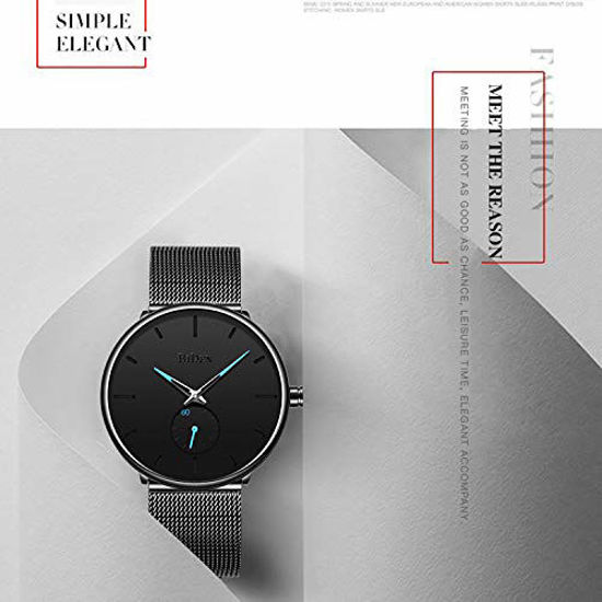 Picture of Mens Black Watches Men Stainless Steel Waterproof Mesh Watch Simple Designer Analogue Quartz Stylish Watch Men's Luxury Business Classic Dress Watch for Men
