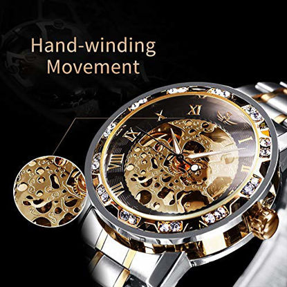 Picture of Watches, Men's Watches Mechanical Hand-Winding Skeleton Classic Business Fashion Stainless Steel Steampunk Dress Watch Gold