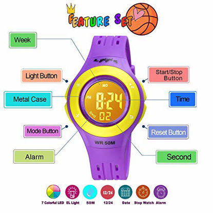 Picture of YxiYxi Kids Watch Digital Waterproof for Girls Boys Toddler Cute Sport Outdoor Multifunctional Watches with Luminous Alarm Stopwatch 7 Colorful LED Wrist Watch for 3-10 Year Little Child (Purple Gold)