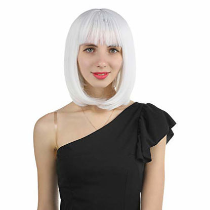 Picture of eNilecor Short Hair Wig 12'' Straight Bangs Short Bob Hair Candy Color Cosplay Synthetic Wigs Natural As Real Hair with Wig Cap (White)