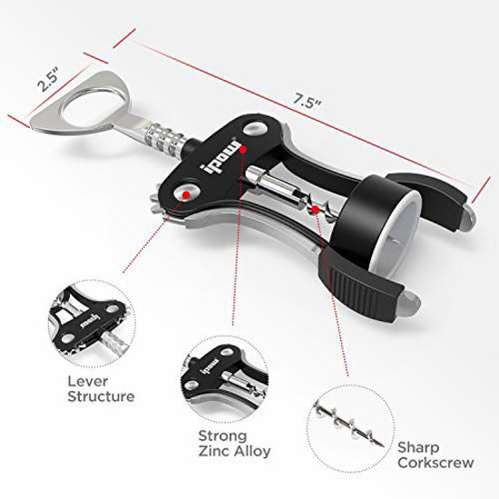 Picture of IPOW Wing Corkscrew, Multifunctional Wine Beer Bottle Opener, Wine Corkscrew for all Cork Stoppered and Beer Cap Bottles. Used in Kitchen Chateau Restaurant Bars for Wine Enthusiast and Waiters, Black