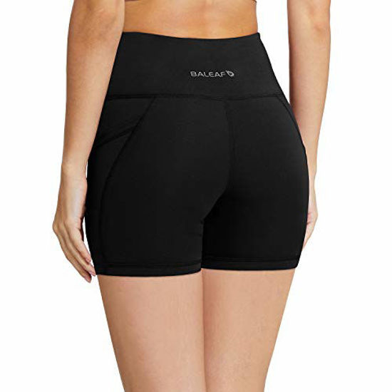 BALEAF Women's 5 High Waist Workout Yoga Running Compression Exercise  Volleyball Shorts Side Pockets Black XL