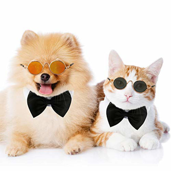 Picture of 6 Pieces Funny Cute Cat Small Dog Sunglasses Classic Retro Circular Metal Prince Sunglasses Eye-wear Photos Props Accessories Cosplay Glasses (Black and Mix Reflective Color)
