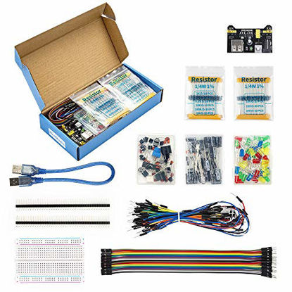 Picture of REXQualis Electronics Basic Kit w/Power Supply Module, Breadboard, Jumper Wire, LED,Resistor, comes with more than 300pcs sensors and components for fun and simple electronic projects.
