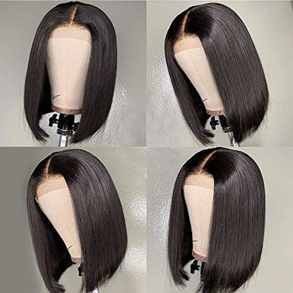 Picture of 12 Inch Short Bob Wigs Human Hair Lace Closure Wigs Brazilian Virgin Human Hair Straight Bob lace Front Wigs For Black Women Pre Plucked with Baby Hair Natural Black