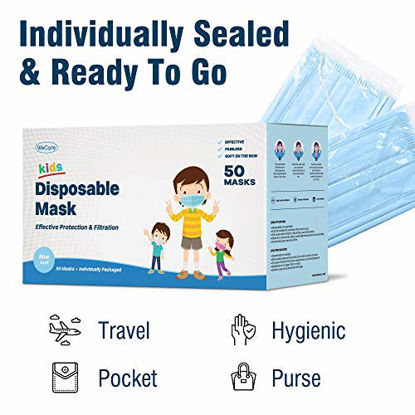 Picture of WeCare Disposable Face Masks For Kids, 50 Blue Face Masks, Individually Wrapped
