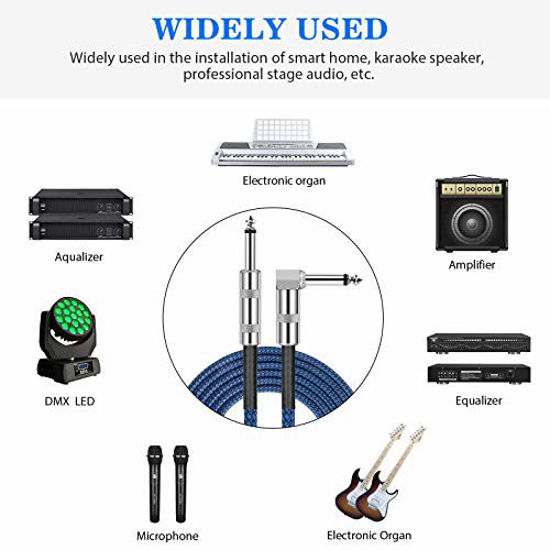 Picture of 1/4 Inch Cable Guitar Cable 10 Ft Straight to Right Angle 1/4 Inch 6.35mm Plug Bass Keyboard Instrument Cable Blue and Black Tweed Cloth Jacket, Electric Mandolin, pro Audio JOLGOO