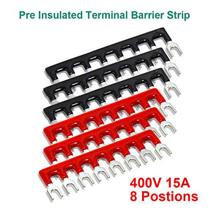 Picture of 12pcs (6 Sets) 8 Positions Dual Row 600V 15A Screw Terminal Strip Blocks with Cover + 400V 15A 8 Positions Pre-Insulated Terminals Barrier Strip (Black & Red) by MILAPEAK