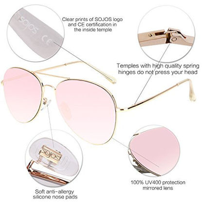 Picture of SOJOS Classic Aviator Sunglasses for Women Men Mirrored UV400 Lens Vintage Metal Frame SJ1030 with Gold Frame/Pink Mirrored Lens